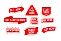 Set of Banners Start Here Now Isolated on White Background. New Offer, Buy and Pay Here Red Signs, Tags or Badges