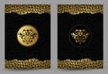 Set of banners with stylized golden and black lion head and gold texture decoration on the black background.