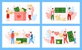 Set of banners with volunteers donating money flat vector illustration isolated.