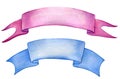 A set of banners, a wide pink and blue ribbon with a bend, a watercolor isolated on a white background Royalty Free Stock Photo