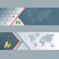 Set of banners with World map and Hexagonal chemical structure, green pills and apple