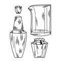 Set of bar accessories with boston shaker, mixing glass and stack in line art style