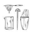 Set of bar accessories with mixing glass, strainer, boston shaker in line art