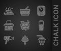 Set Bar of soap, Sauna broom, Shower, bucket, Hair dryer, brush, thermometer and Campfire icon. Vector