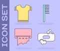 Set Bar of soap, T-shirt, Paper towel dispenser on wall and Hairbrush icon. Vector Royalty Free Stock Photo