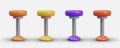 Set of bar stools of different colors. Round high stool on metal leg
