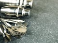 Set of bar tools for making a cocktails arranged on a stone background Royalty Free Stock Photo