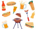 Set with barbecue and fast food. Grilled, sandwiches, burgers, sausages, sauces, hot dog and beer. Campfire and nature food. Royalty Free Stock Photo