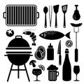 Set of barbecue food and utensils black icons, isolated