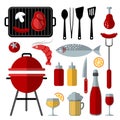 Set of barbecue food and utensils elements, flat design,