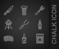 Set Barbecue fork, Ketchup bottle, Matchbox and matches, Beer, Grilled pork bbq ribs, grill, Spatula and Meat chopper