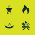 Set Barbecue grill, Crossed fork and spatula, Sausage and Fire flame icon. Vector