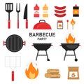 Set of barbecue or grill elements. Summer picnic isolated icon. Grilled meet on fire. Cook on nature