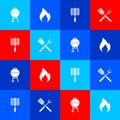 Set Barbecue grill, Fire flame, steel grid and Crossed fork and spatula icon. Vector Royalty Free Stock Photo