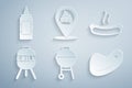 Set Barbecue grill, Hotdog sandwich, Steak meat, Location with barbecue and Mustard bottle icon. Vector