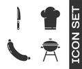 Set Barbecue grill, Knife, Sausage and Chef hat icon. Vector Royalty Free Stock Photo