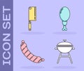 Set Barbecue grill, Meat chopper, Sausage and Chicken leg icon. Vector