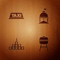 Set Barbecue grill, Taxi car roof, City landscape and White House on wooden background. Vector