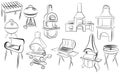 Set of barbecue grills. Collection of braziers. Black and white illustration. Linear art.