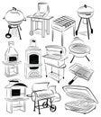 Set of barbecue grills. Collection of braziers. Black and white illustration. Linear art.