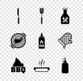 Set Barbecue knife, spatula, Ketchup bottle, fire flame, Hotdog sandwich, Mustard, grill with steak and icon. Vector