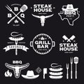 Set of barbecue steak house grill bar labels badges emblems and design elements. Vector vintage illustration. Royalty Free Stock Photo