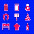 Set Barbecue steel grid, Chef hat, Tabasco sauce, Steak meat, BBQ brazier, Sausage, Kitchen apron and Salt icon. Vector