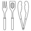 A set of barbecue tools. Sketch. A large barbecue fork with three prongs, a spatula and tongs. Vector illustration. Coloring book