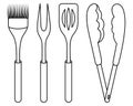 A set of barbecue tools. Sketch. Meat fork with two prongs, spatula, tongs and silicone brush. Vector illustration. Coloring.