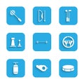 Set Barbell, Whistle, Hockey puck, Steering wheel, Punching bag, Chess, Golf club and Tennis racket icon. Vector