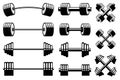 Set of barbells and dumbells in monochrome style. Design element for logo, label, sign, emblem.