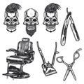 Set of barber equipment and skulls for creating your own badges, logos, labels, posters etc. Isolated on white