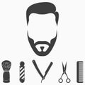 Set of barber shop elements. Collection icons for hair salon design. Face of man. Vector.