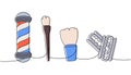 Set of barber shop tools one line colored continuous drawing. Barber shop pole, brush, shaving brush, razor blade