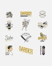 Set of barbershop badge and label, logo and hipster emblems. Tools for man icon. Haircut of beard and mustache. Brush