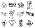 Set of barbershop badge and label, logo and hipster emblems. Tools for man icon. Haircut of beard and mustache. Brush