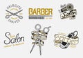 Set of barbershop badge and label, logo and hipster emblems. Tools for man icon. Haircut of beard and mustache. Brush