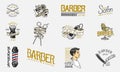 Set of barbershop badge and label, logo and hipster emblems. Tools for man icon. Haircut of beard and mustache. Brush