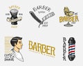 Set of barbershop badge and label, logo and hipster emblems. Tools for man icon. Haircut of beard and mustache. Brush