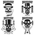 Set of barbershop emblem template. Skull with moustache in vintage hat and razor of barber. Design element for poster