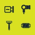 Set Barbershop, Hand mirror, Shaving razor and Hair dryer icon. Vector