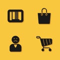 Set Barcode, Shopping cart, Angry customer and Paper shopping bag icon with long shadow. Vector Royalty Free Stock Photo