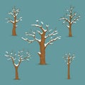 Set of bare, leafless trees with snow covered branches isolated on blue background. Winter, late autumn season icon, symbol Royalty Free Stock Photo