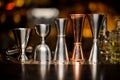 Set of barman equipment in a line on the bar counter Royalty Free Stock Photo