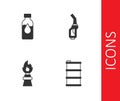 Set Barrel oil, Oil petrol test tube, rig with fire and Gasoline pump nozzle icon. Vector