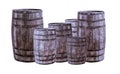 Set of barrels gray and brown set small and large stands on an isolated background