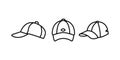 Set of Base ball cap vector icons. Black linear Baseball hat icons vector on white background. Black silhouette.