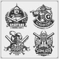 Set of baseball badges, labels and design elements. Sport club emblems with ancient warriors. Print design for t-shirt. Royalty Free Stock Photo