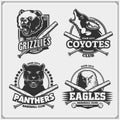 Set of baseball badges, labels and design elements. Sport club emblems with grizzly bear, panther, coyote and eagle. Royalty Free Stock Photo