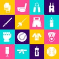 Set Baseball ball, Medal, Punching bag, Sport expander, Fencing, Japanese katana, Boxing glove and short icon. Vector